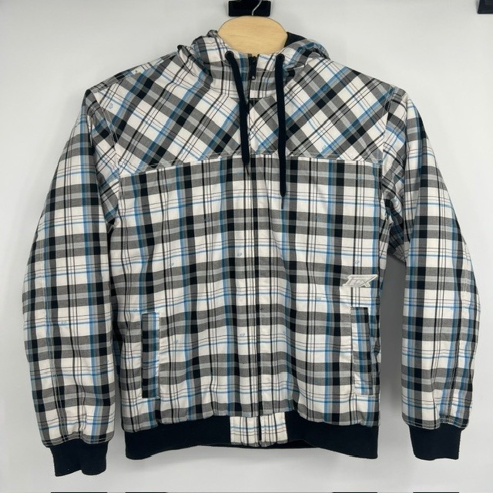 Fox Racing Mens XL Hooded Plaid Full Zip Padded‎ Jacket Blue, White, Black